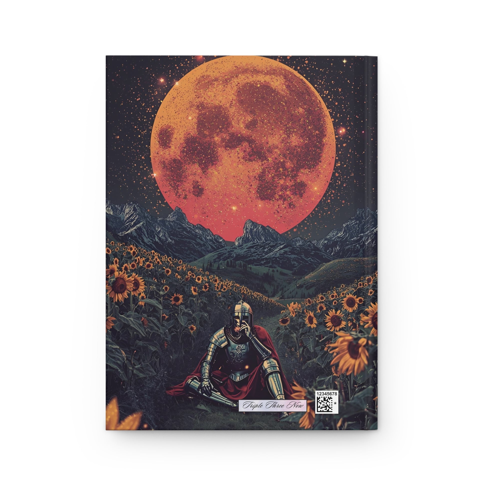 Book cover with a knight under a large orange moon, surrounded by sunflowers and mountains.