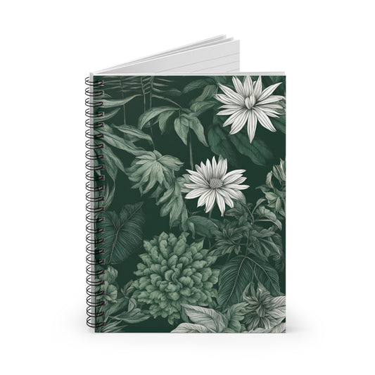 Notebook with floral and leaf pattern on a white background