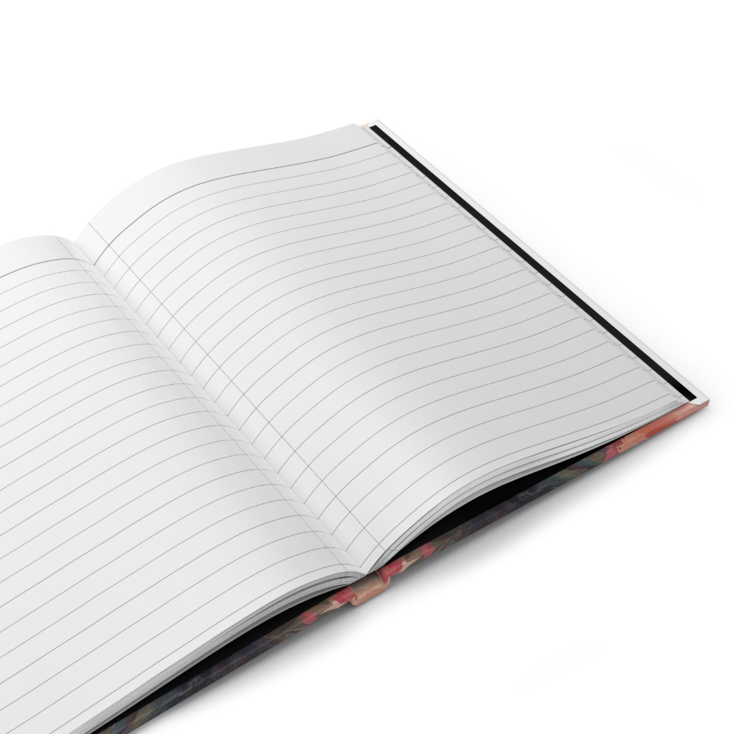 Open notebook with lined pages on a white background