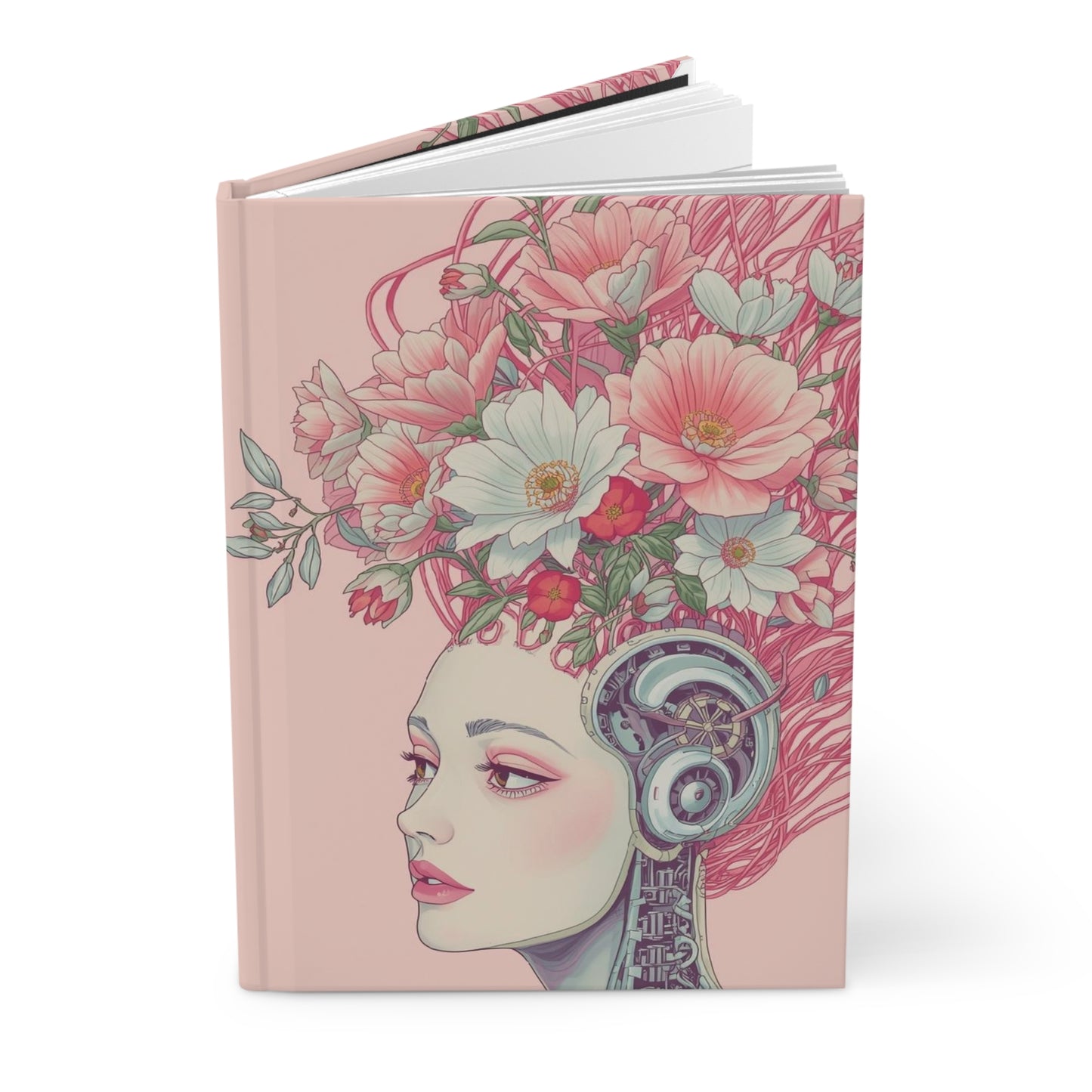 Notebook with a design of a woman's face with headphones and floral hair on a pink background